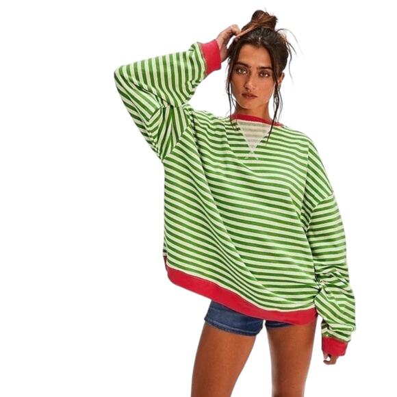 Free People Classic Oversized Striped Crewneck Sweatshirt Pink Clover Combo New - Picture 1 of 13